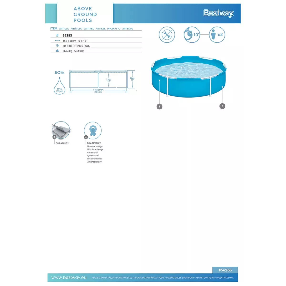 Бассейн каркасный 152x38 см без фильтра, круглый, голубой BESTWAY 56283 Бассейн каркасный 152x38 см без фильтра, круглый, голубой BESTWAY 56283